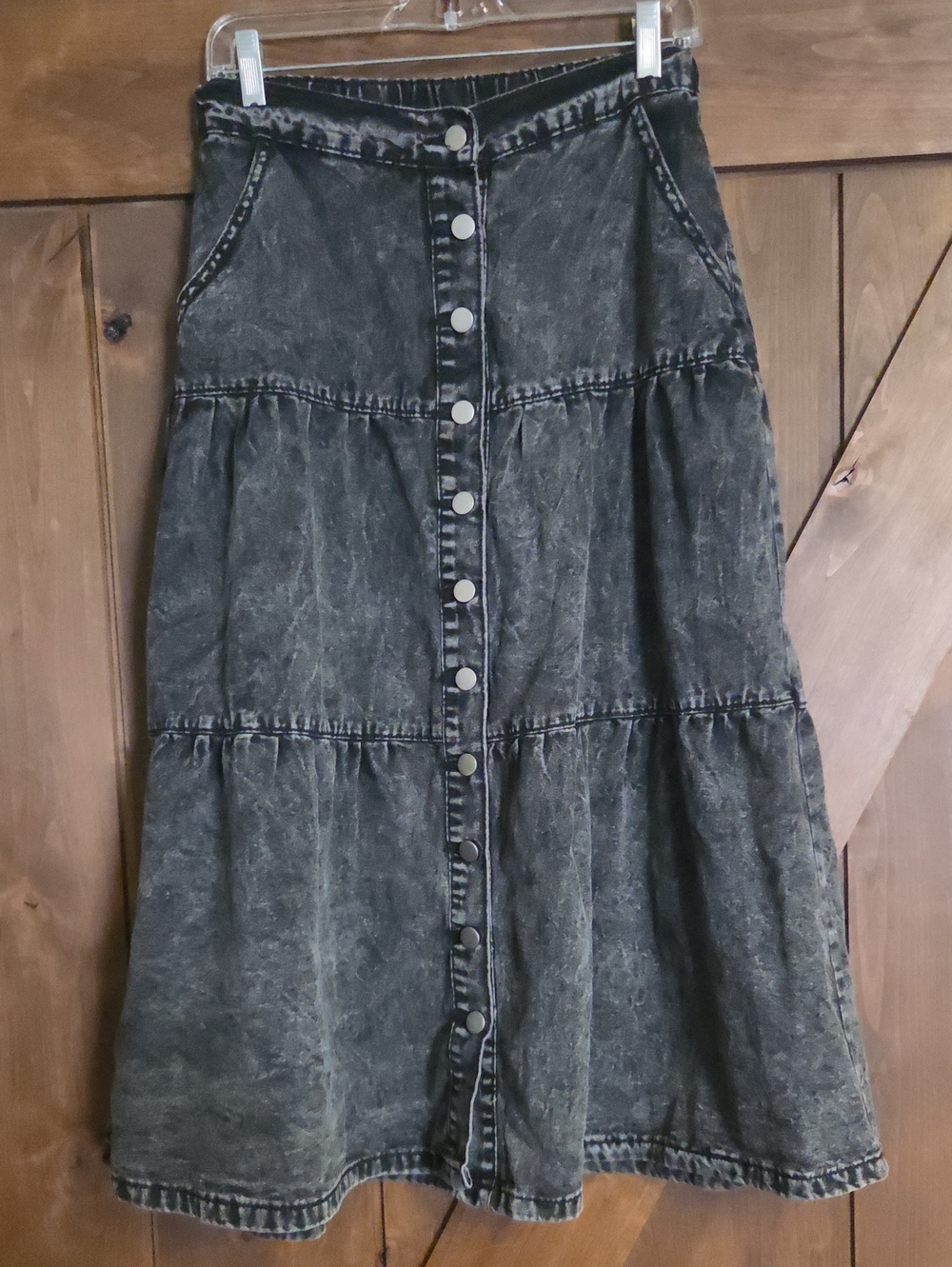 Black Washed Button-Front Tiered Maxi Skirt